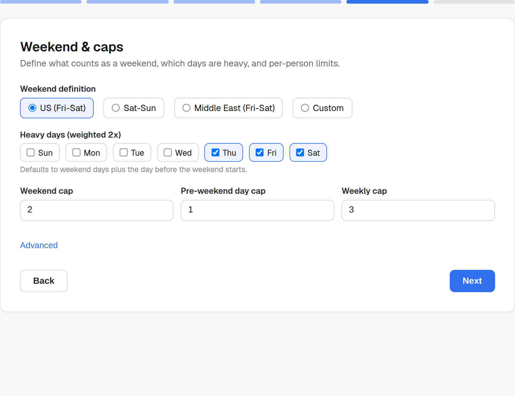 Setting weekend and cap rules in the schedule builder