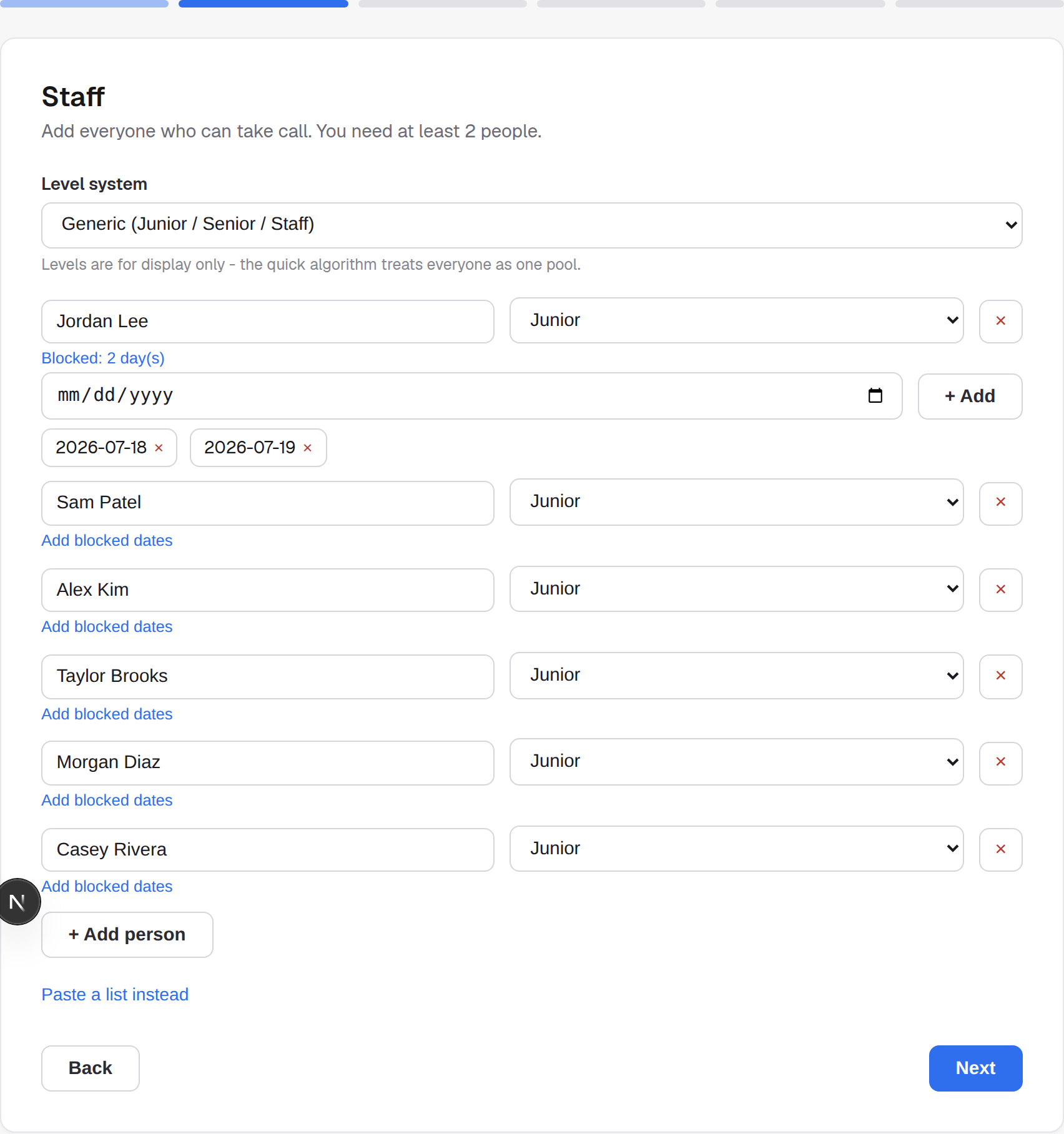 Adding staff and blocked dates in the schedule builder